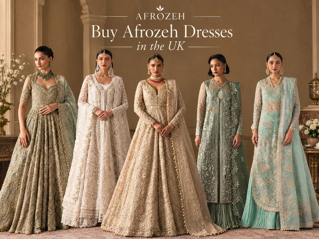 Afrozeh embroidered formal and organza suits from the latest collections displayed together.