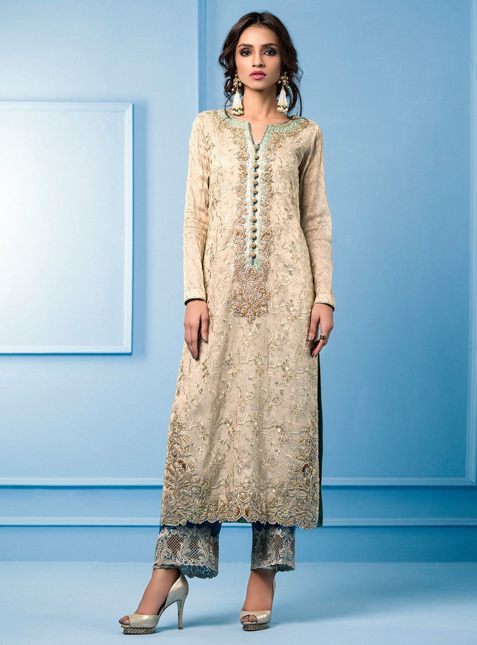 Zainab Chottani | Semi Formals | BEIGE AND TURQUOISE - Formal - Maria Faisal