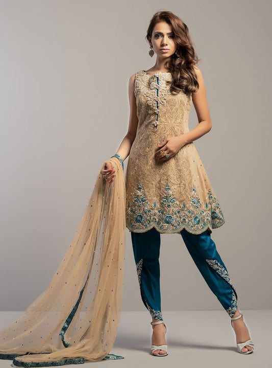 Zainab Chottani | Semi Formals | BEIGE GOLD WITH TEAL DRESS - Ladies Clothes - Maria Faisal