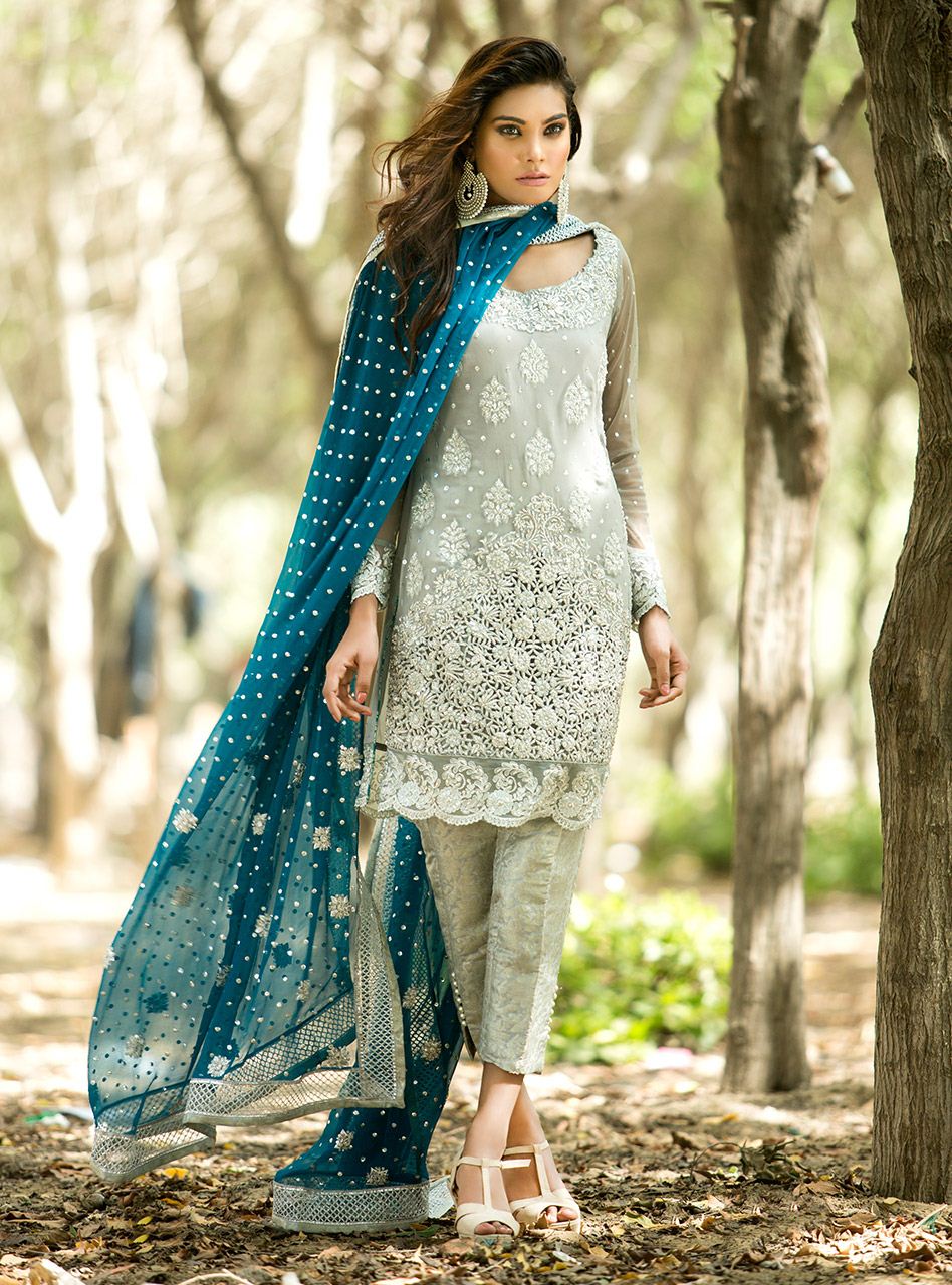 Zainab Chottani | Semi Formals | SILVER AND TEAL DRESS - Ladies Clothes - Maria Faisal