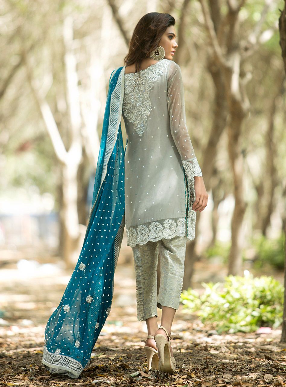 Zainab Chottani | Semi Formals | SILVER AND TEAL DRESS - Ladies Clothes - Maria Faisal