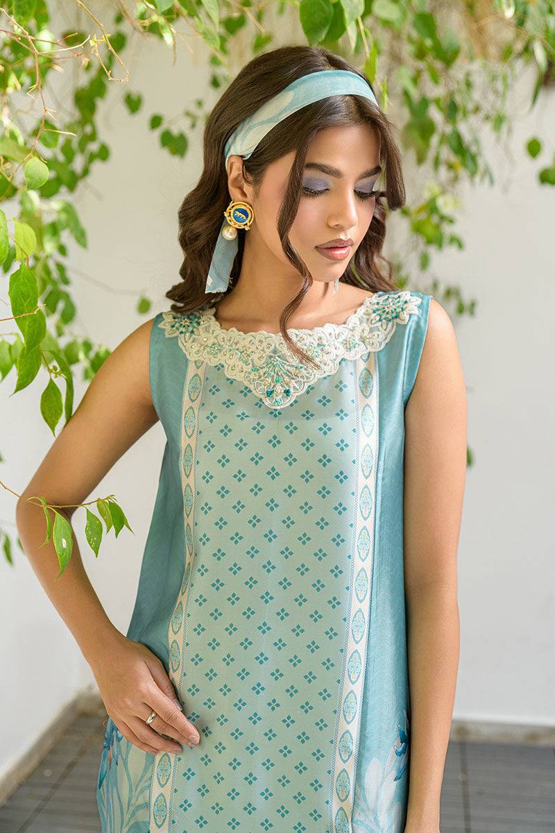 Fatima Khan | Eid Digital Silk Prints | Teal Tropics by Maria Faisal - Registered Vendor of : Fatima Khan - type : Ladies Clothes - 100% original wedding dresses