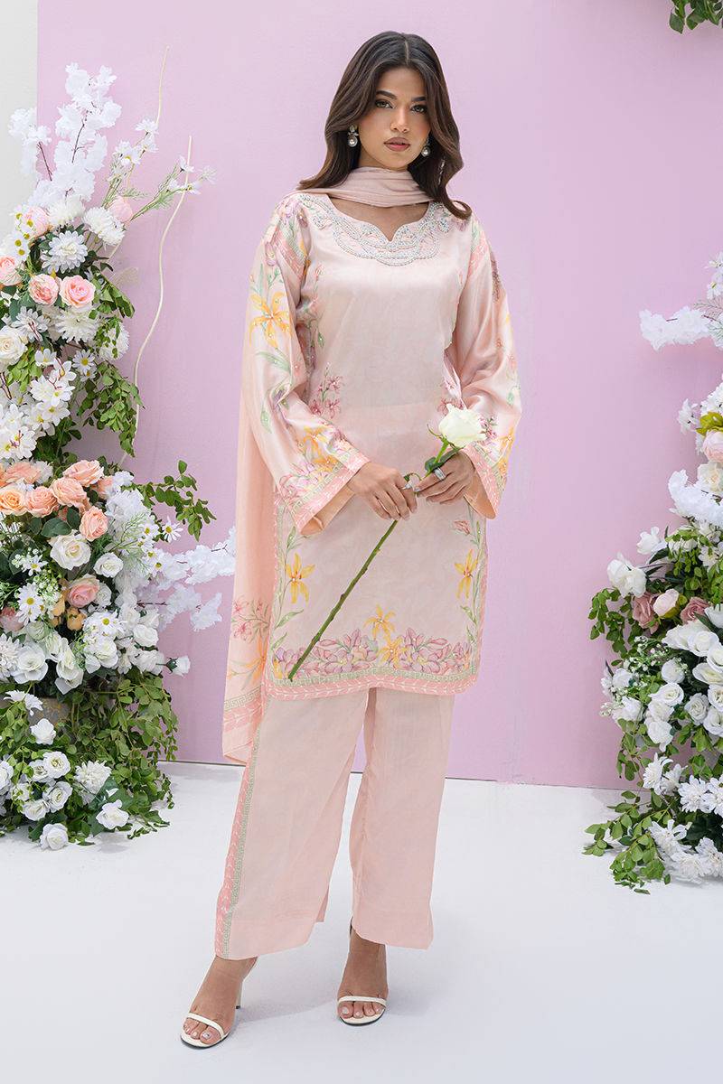 Fatima Khan | Eid Digital Silk Prints | Peach Blossoms by Maria Faisal - Registered Vendor of : Fatima Khan - type : Ladies Clothes - 100% original wedding dresses
