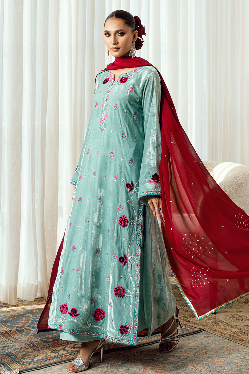 Fatima Khan | Warm Whisper Velvet 25 | Twilight Rose - Formal Dress - available at Maria Faisal in UK and USA.