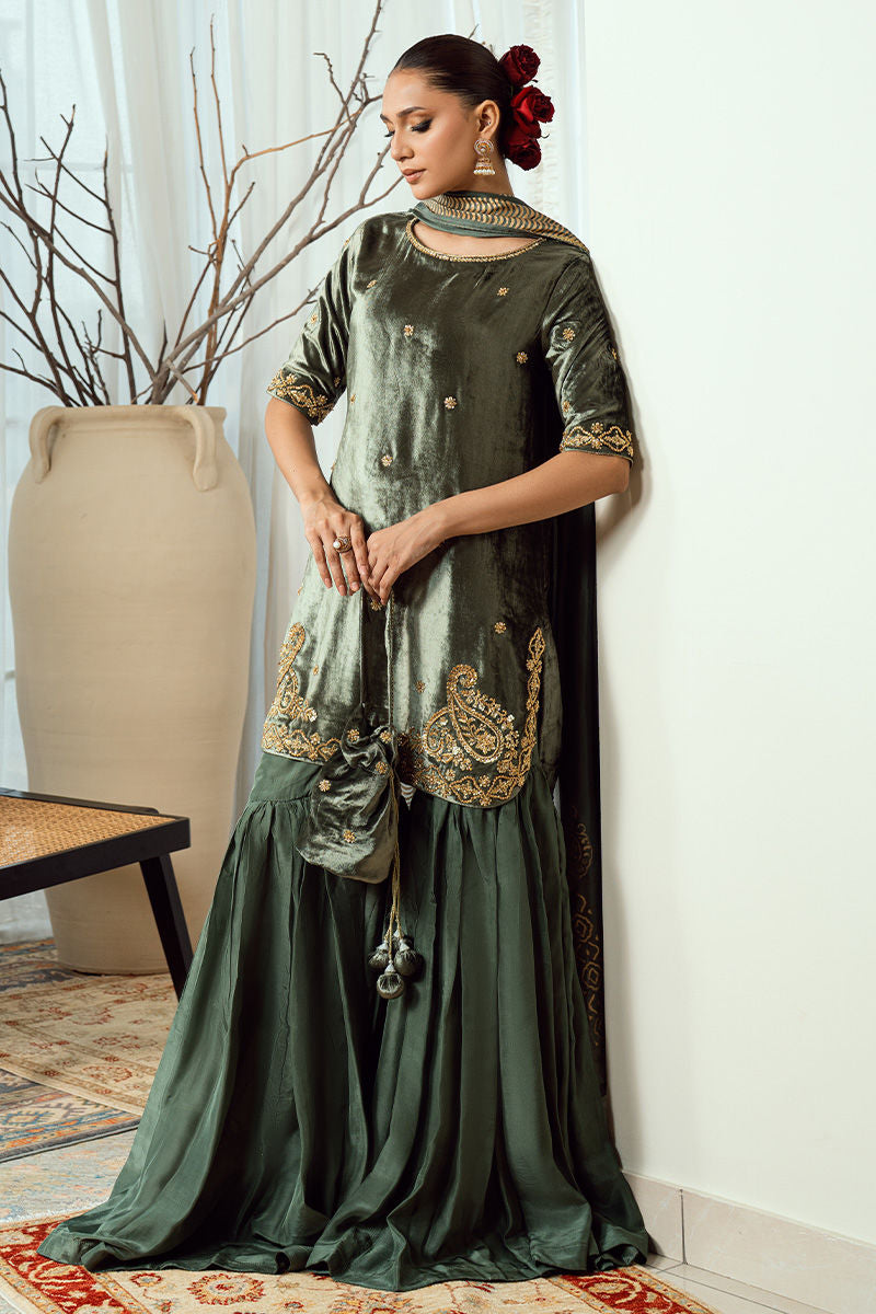 Fatima Khan | Warm Whisper Velvet 25 | Olive Dynasty - Formal Dress - available at Maria Faisal in UK and USA.