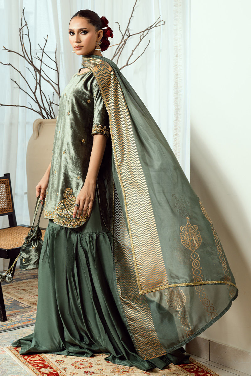 Fatima Khan | Warm Whisper Velvet 25 | Olive Dynasty - Formal Dress - available at Maria Faisal in UK and USA.