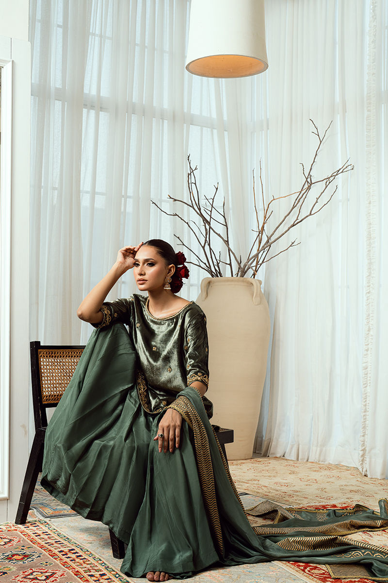 Fatima Khan | Warm Whisper Velvet 25 | Olive Dynasty - Formal Dress - available at Maria Faisal in UK and USA.