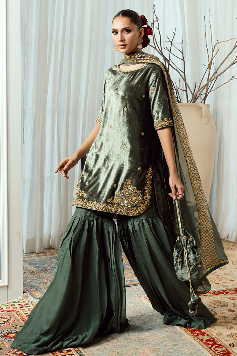 Fatima Khan | Warm Whisper Velvet 25 | Olive Dynasty - Formal Dress - available at Maria Faisal in UK and USA.