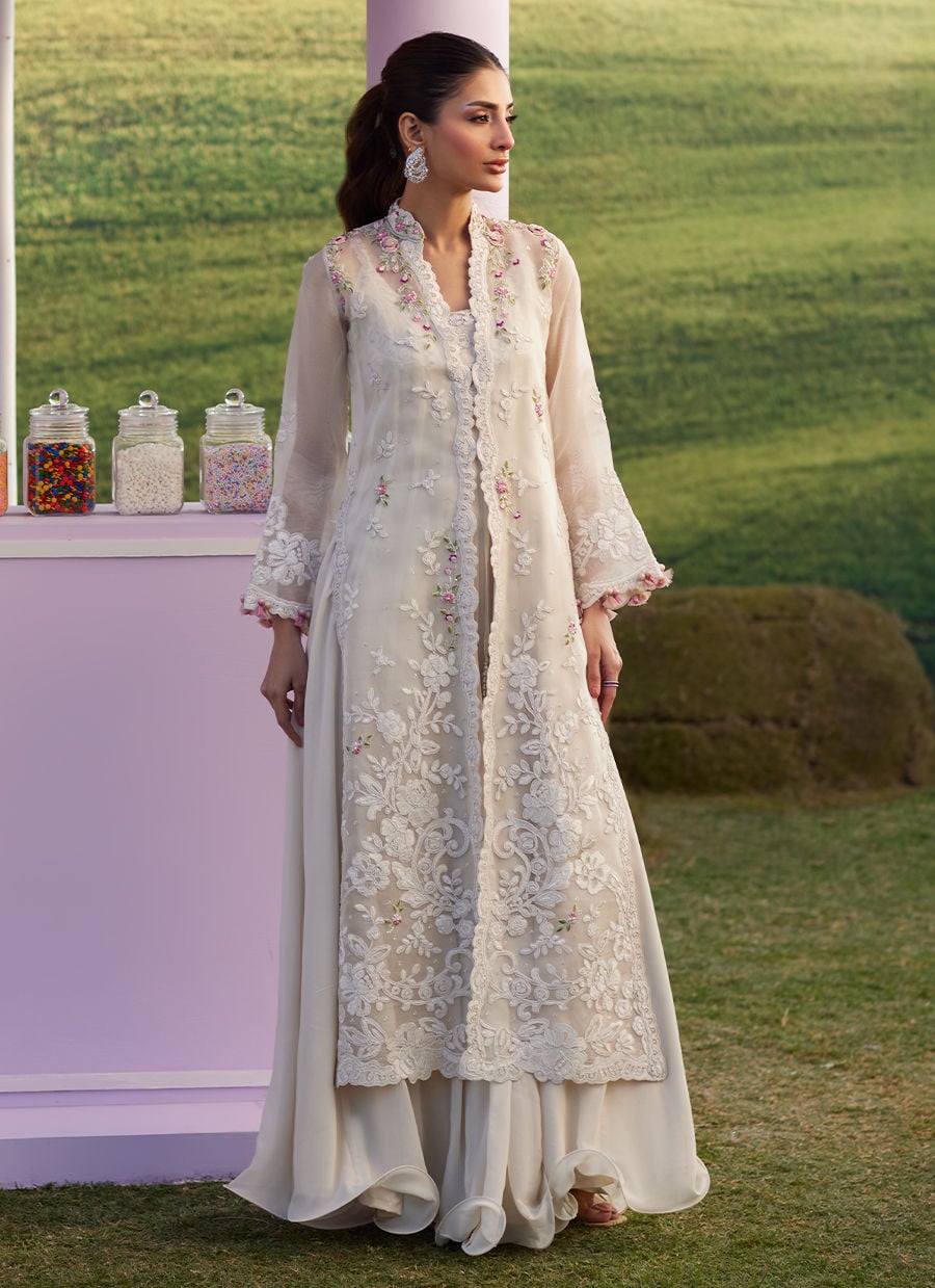 Farah Talib Aziz | Luna Eid 26 | Melia Jacket - Luxury Dress - available at Maria Faisal in UK and USA.