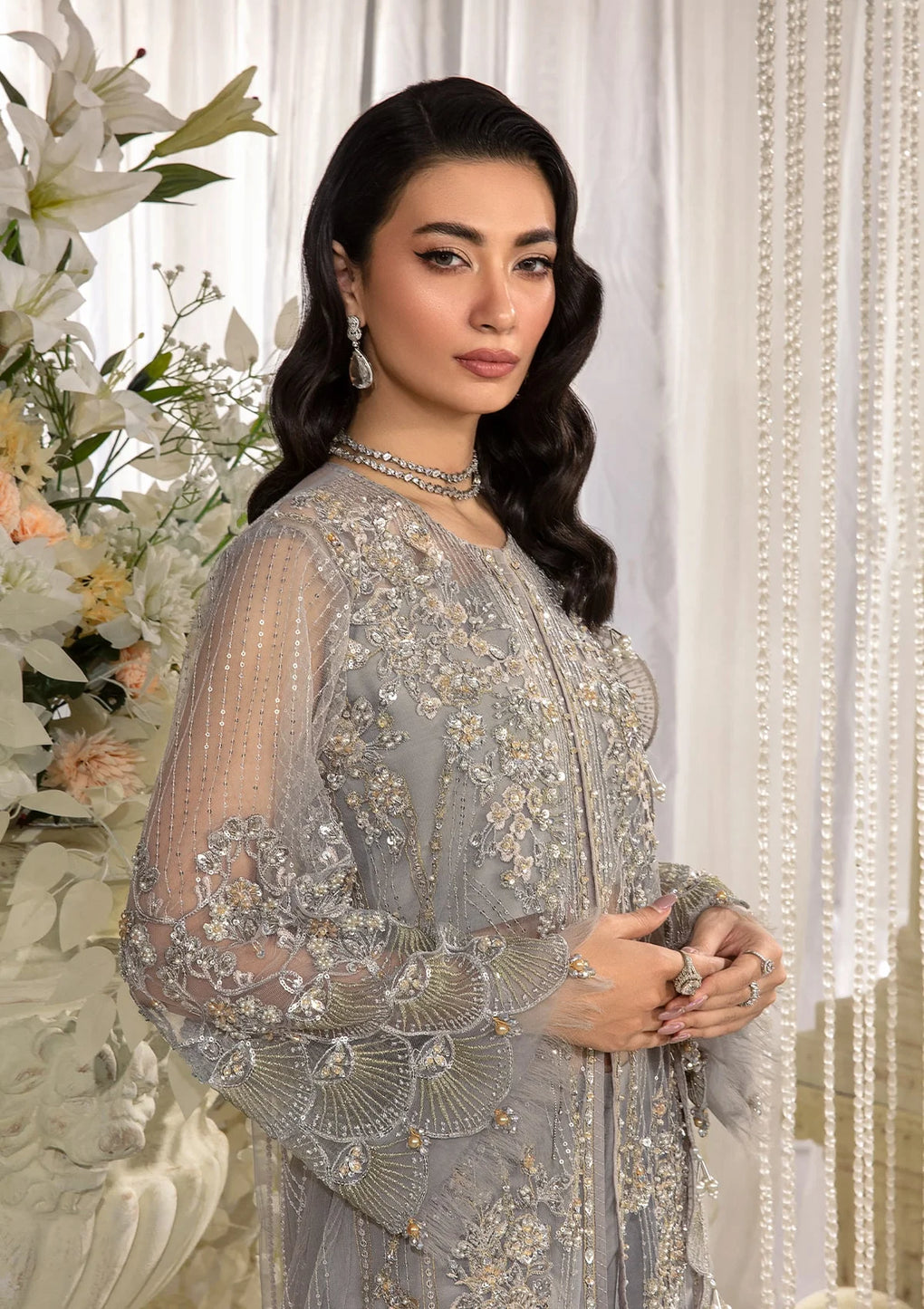 Elaf Premium | Evara Formals 24 | EFE-04 DOVE - Designer Dress with Intricate embroidery and embellishments. Shop elegent wedding dress at Maria Faisal.