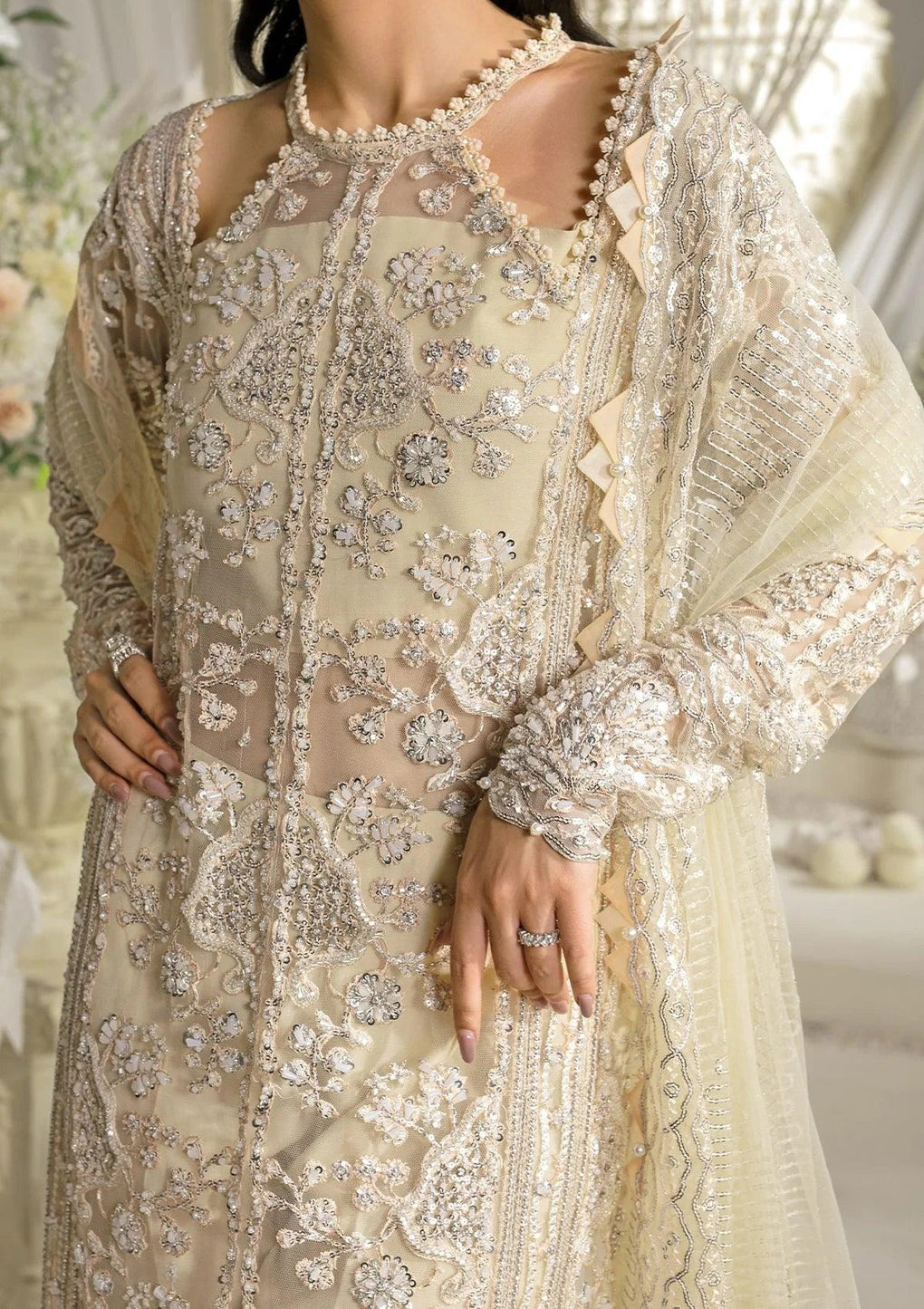 Elaf Premium | Evara Formals 24 | EFE-01 AURA - Designer Dress with Intricate embroidery and embellishments. Shop elegent wedding dress at Maria Faisal.