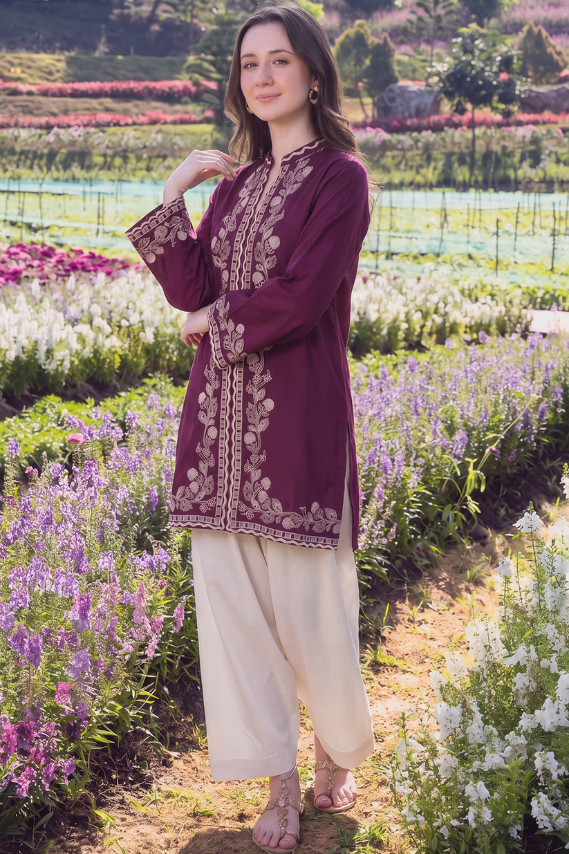Saad Shaikh | Ease Fall Edit 26 | Prune - Casual Dress - available at Maria Faisal in UK and USA.