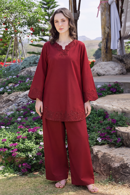 Saad Shaikh | Ease Fall Edit 26 | Merlot - Casual Dress - available at Maria Faisal in UK and USA.