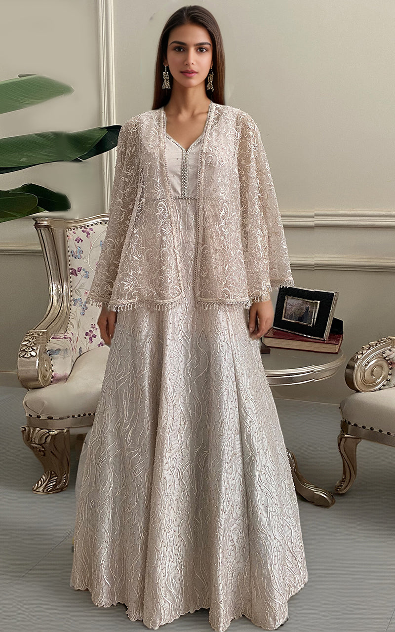Threads and Motifs | Formal Dresses 25 | Net Embroidered Maxi With Embroidered Cape - Ladies Clothes - Maria Faisal