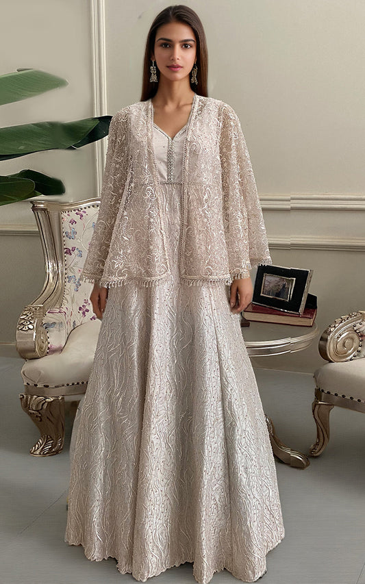 Threads and Motifs | Formal Dresses 25 | Net Embroidered Maxi With Embroidered Cape - Ladies Clothes - Maria Faisal