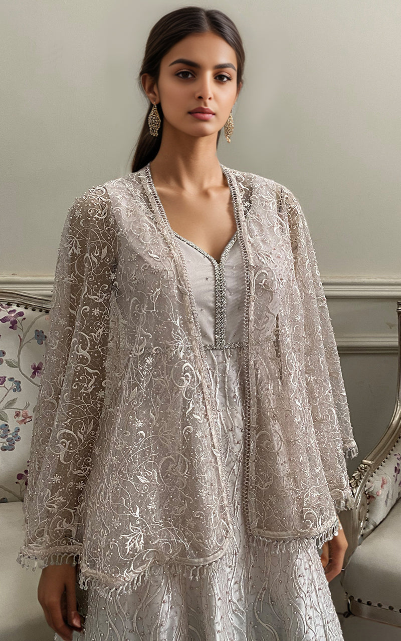 Threads and Motifs | Formal Dresses 25 | Net Embroidered Maxi With Embroidered Cape