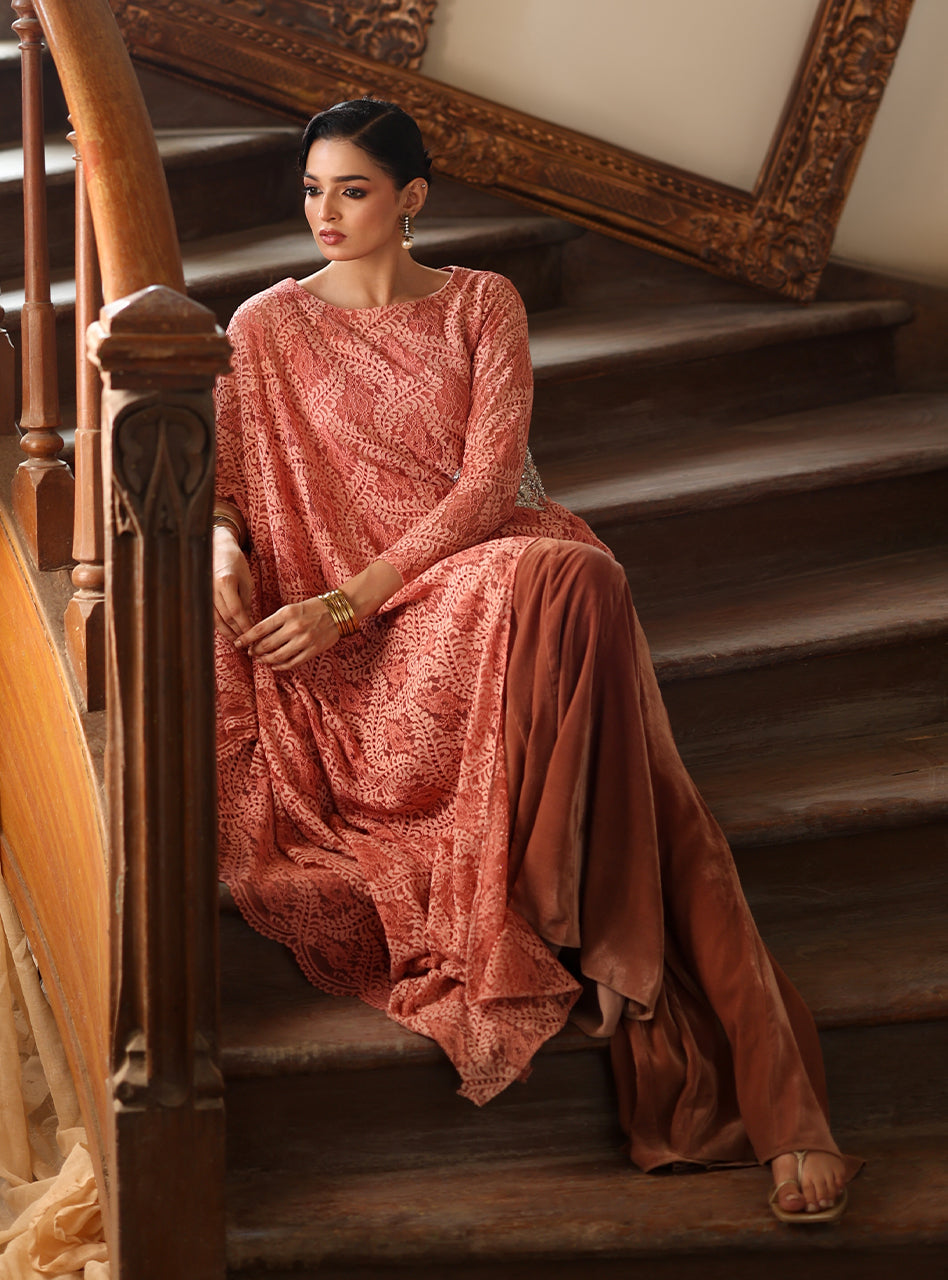 Zainab Chottani | Velura Velvet Edit 25 | Blush Cape - Formal Dress - available at Maria Faisal in UK and USA.