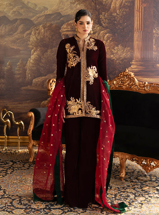 Zainab Chottani | Velura Velvet Edit 25 | Claret Flared Pants - Formal Dress - available at Maria Faisal in UK and USA.