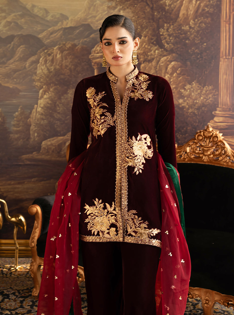 Zainab Chottani | Velura Velvet Edit 25 | Claret Farshi - Formal Dress - available at Maria Faisal in UK and USA.