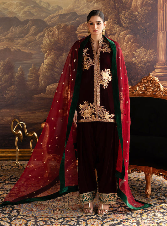 Zainab Chottani | Velura Velvet Edit 25 | Claret Farshi - Formal Dress - available at Maria Faisal in UK and USA.