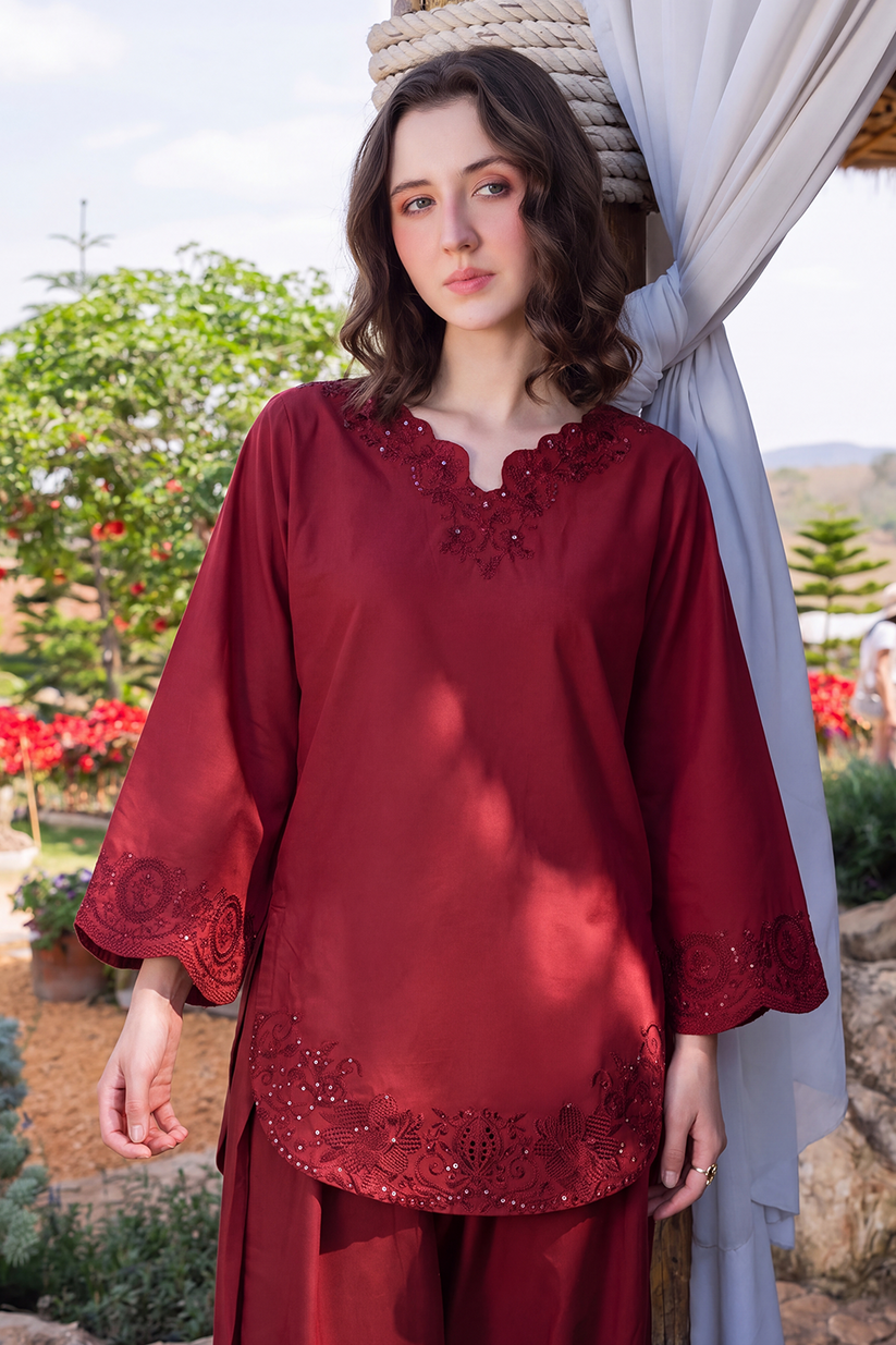 Saad Shaikh | Ease Fall Edit 26 | Merlot - Casual Dress - available at Maria Faisal in UK and USA.