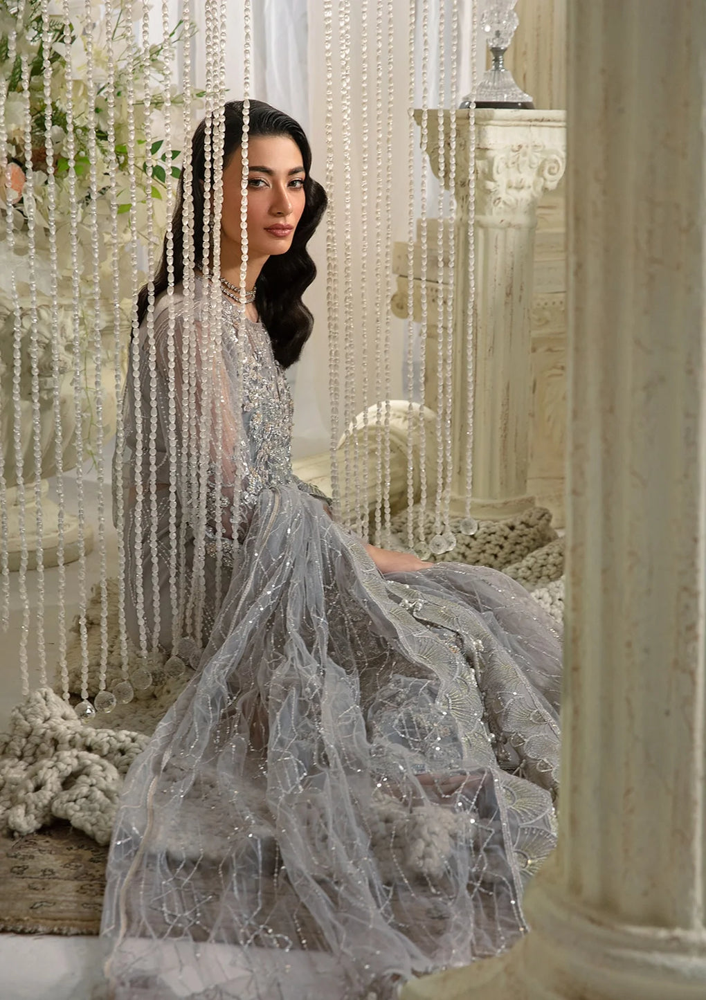 Elaf Premium | Evara Formals 24 | EFE-04 DOVE - Designer Dress with Intricate embroidery and embellishments. Shop elegent wedding dress at Maria Faisal.
