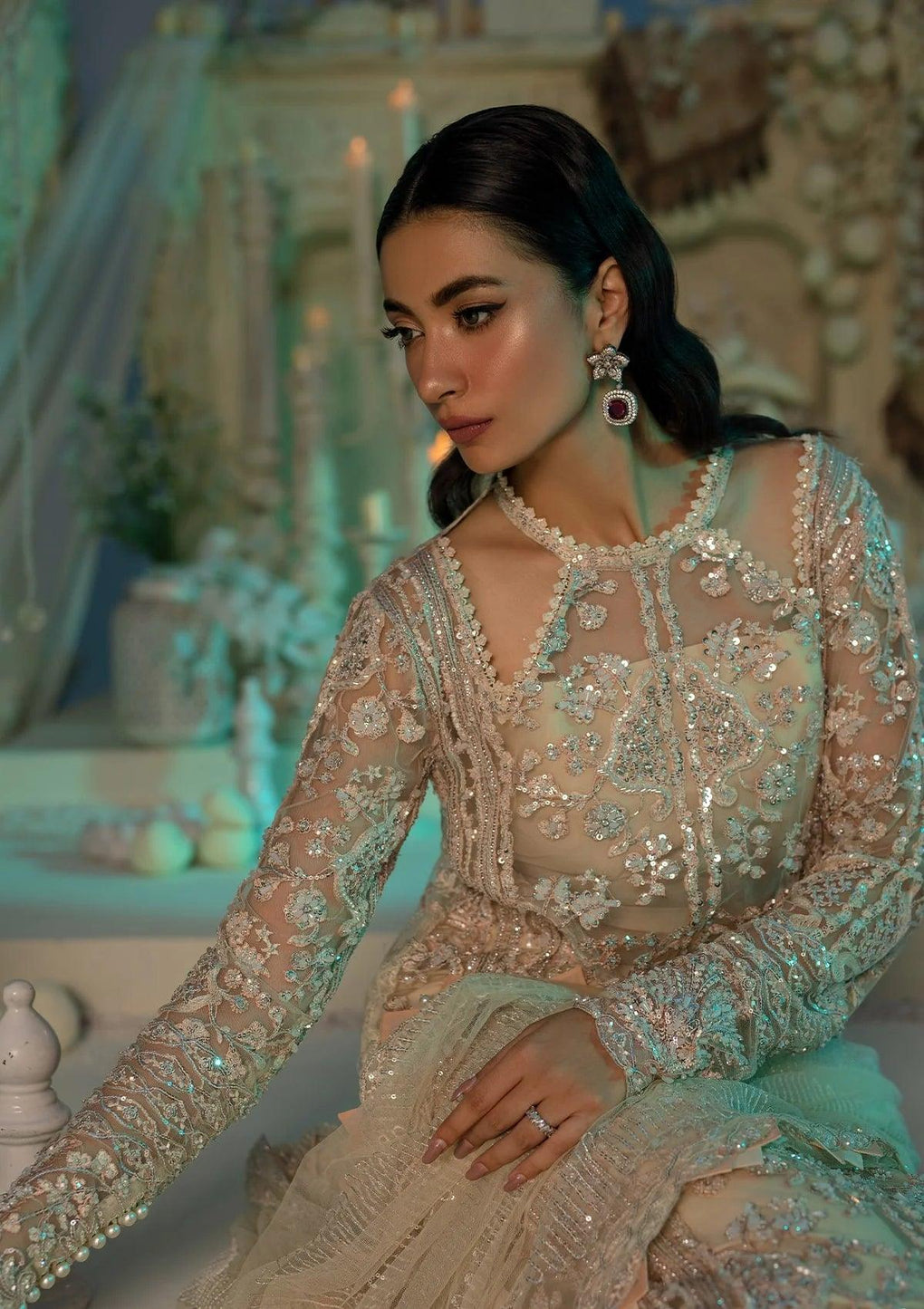 Elaf Premium | Evara Formals 24 | EFE-01 AURA - Designer Dress with Intricate embroidery and embellishments. Shop elegent wedding dress at Maria Faisal.