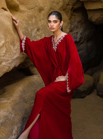 Zainab Chottani | The Kaftan Edit | Capri Red - Formal Dress - available at Maria Faisal in UK and USA.