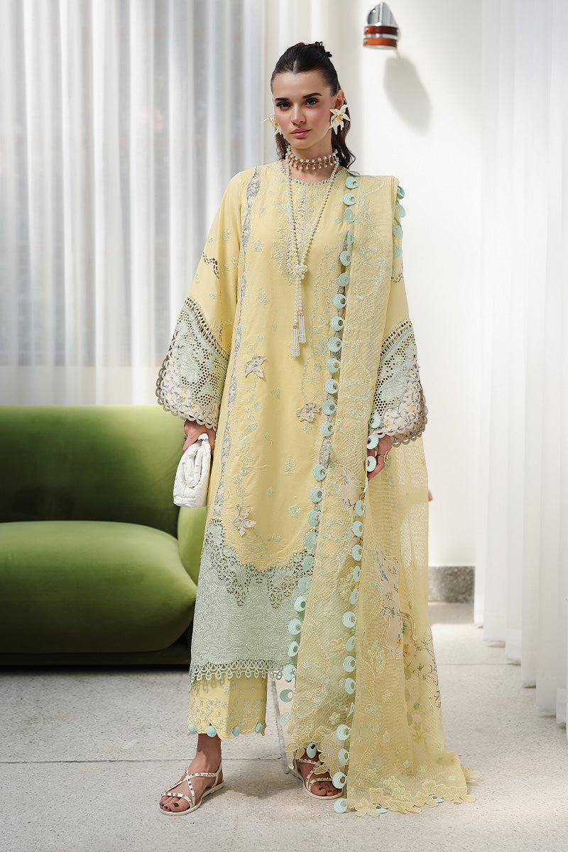 Model Wearing Lemon Yellow Lawn Long Shirt - Qalamkar | Chikankari Eid Edit 26 | CM-02 AYLA - Ladies Clothes - Maria Faisal