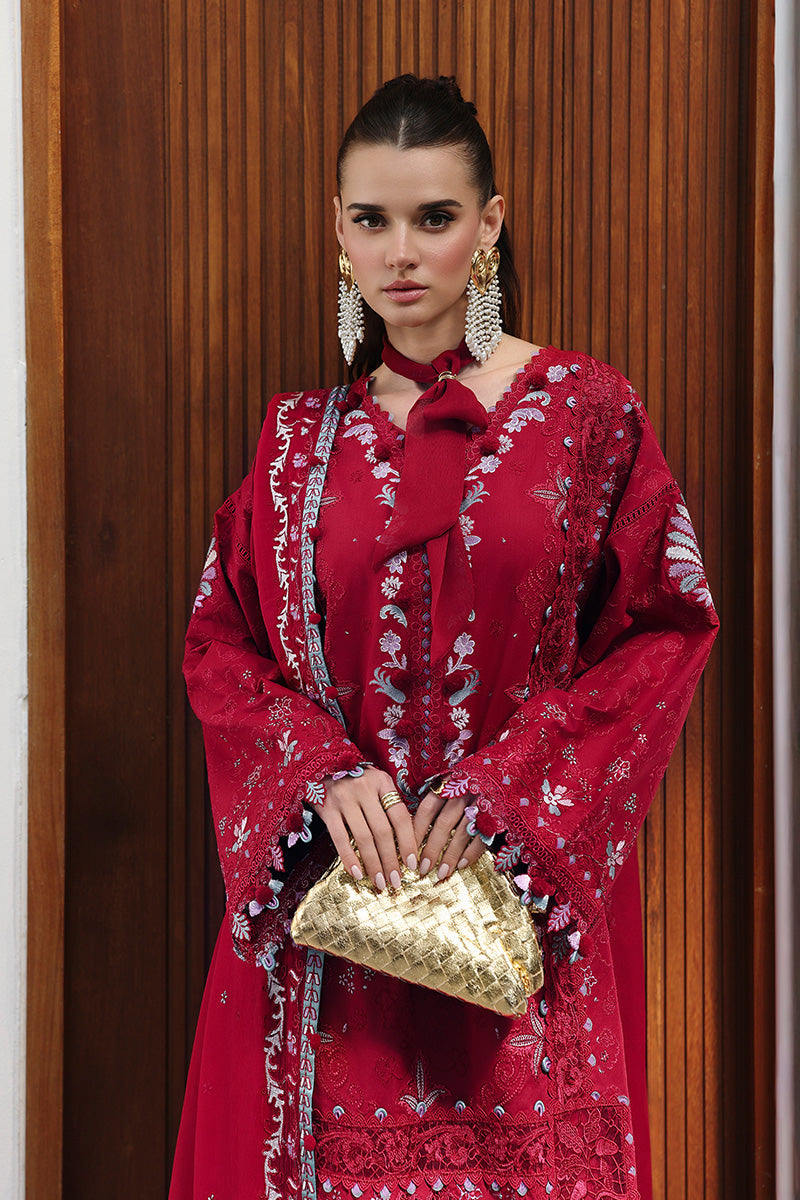  Model Wearing Deep Red Lawn Short Shirt - Qalamkar | Chikankari Eid Edit 26 | CM-03 RUBY - Ladies Clothes - Maria Faisal
