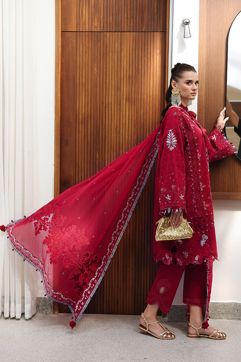 Model Wearing Deep Red Lawn Short Shirt - Qalamkar | Chikankari Eid Edit 26 | CM-03 RUBY - Ladies Clothes - Maria Faisal
