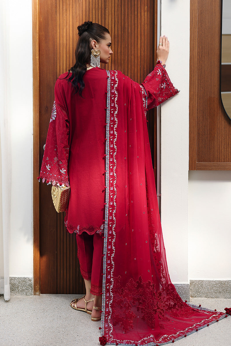  Model Wearing Deep Red Lawn Short Shirt - Qalamkar | Chikankari Eid Edit 26 | CM-03 RUBY - Ladies Clothes - Maria Faisal