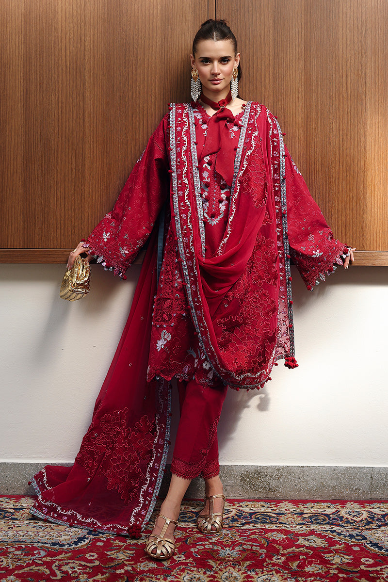  Model Wearing Deep Red Lawn Short Shirt - Qalamkar | Chikankari Eid Edit 26 | CM-03 RUBY - Ladies Clothes - Maria Faisal