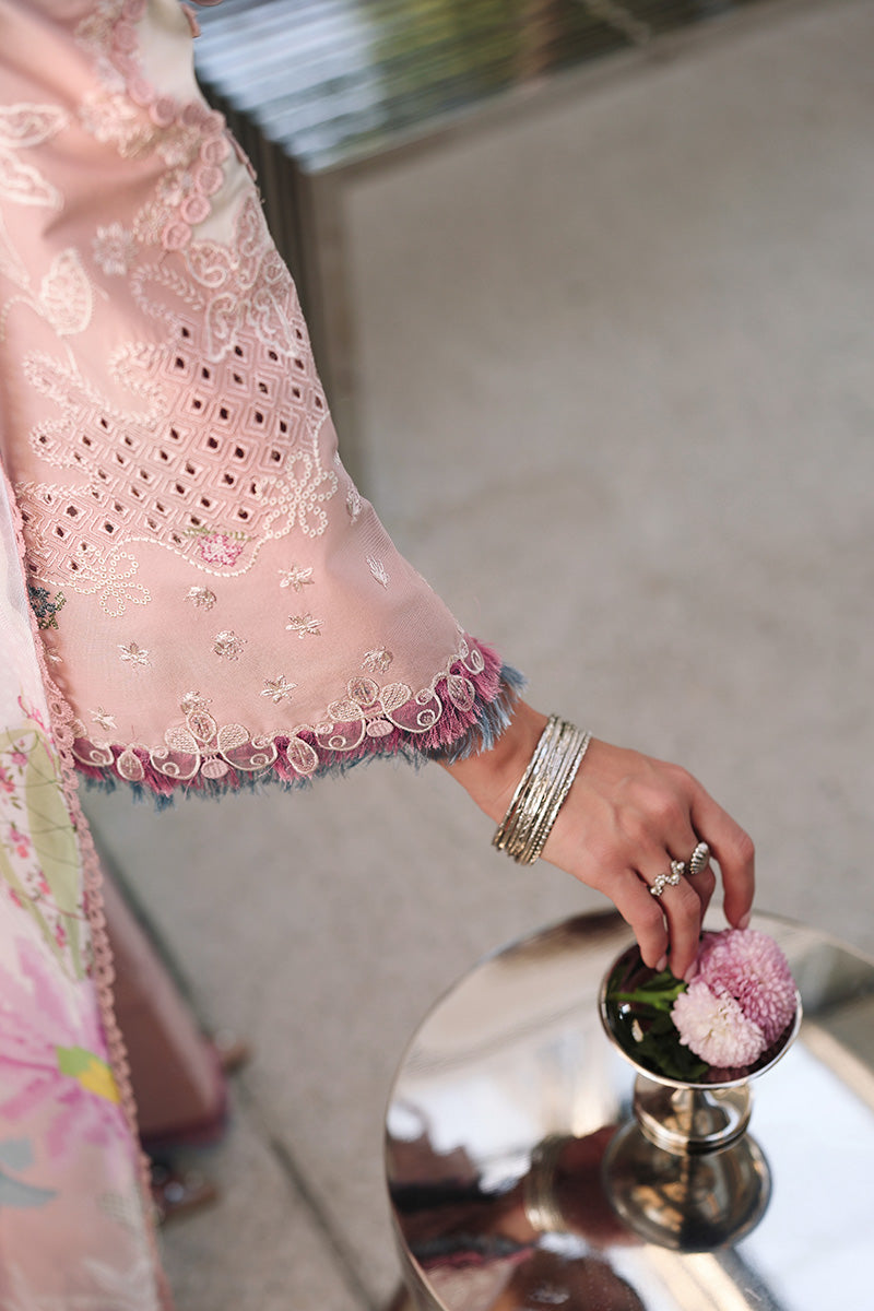  Model Wearing Soft Pink Lawn Front Open Shirt - Qalamkar | Chikankari Eid Edit 26 | CM-06 NOURA - Ladies Clothes - Maria Faisal