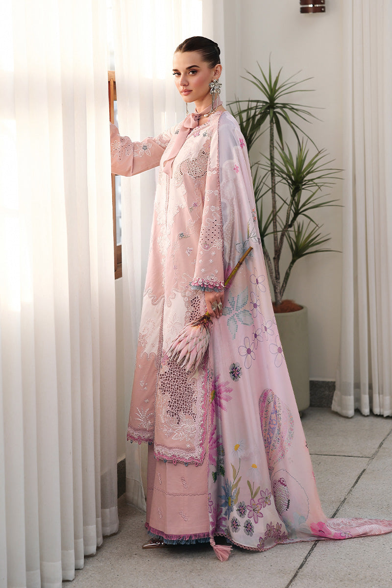  Model Wearing Soft Pink Lawn Front Open Shirt - Qalamkar | Chikankari Eid Edit 26 | CM-06 NOURA - Ladies Clothes - Maria Faisal