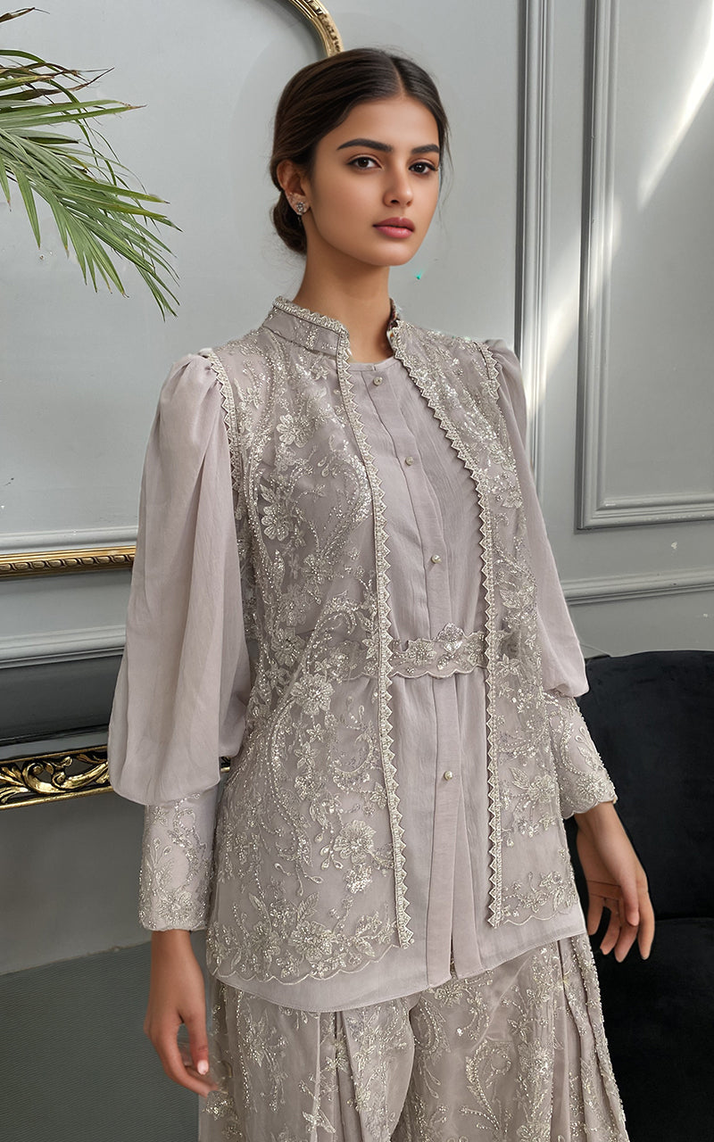 Threads and Motifs | Formal Dresses 25 | Net Embroidered Jacket With Chiffon Shirt And Embroidered Trouser