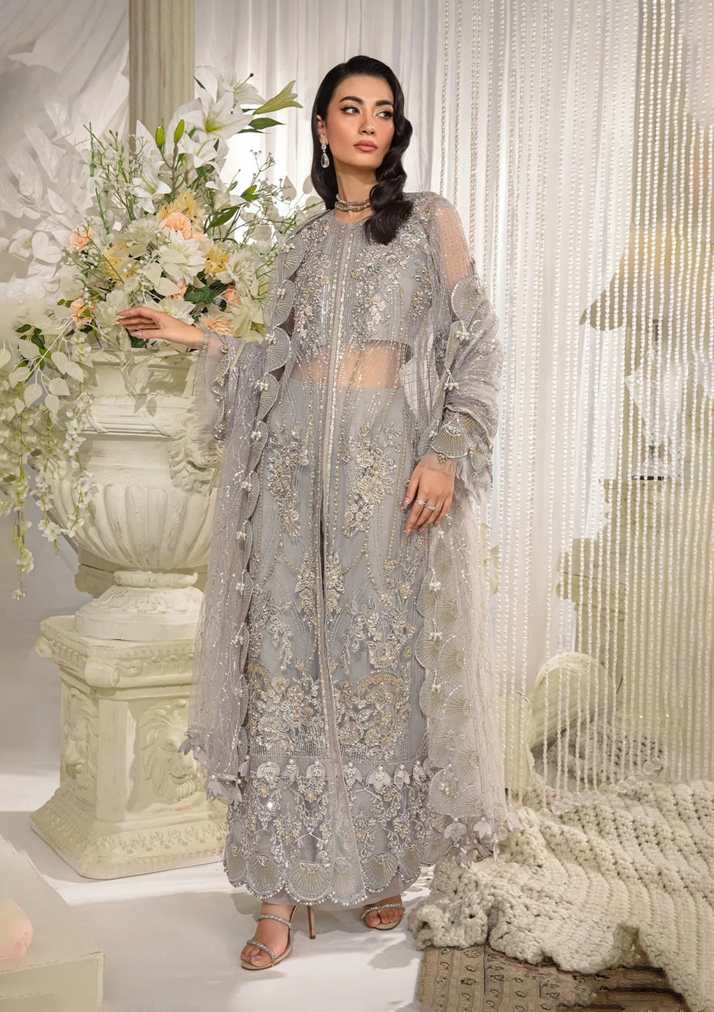 Elaf Premium | Evara Formals 24 | EFE-04 DOVE - Designer Dress with Intricate embroidery and embellishments. Shop elegent wedding dress at Maria Faisal.