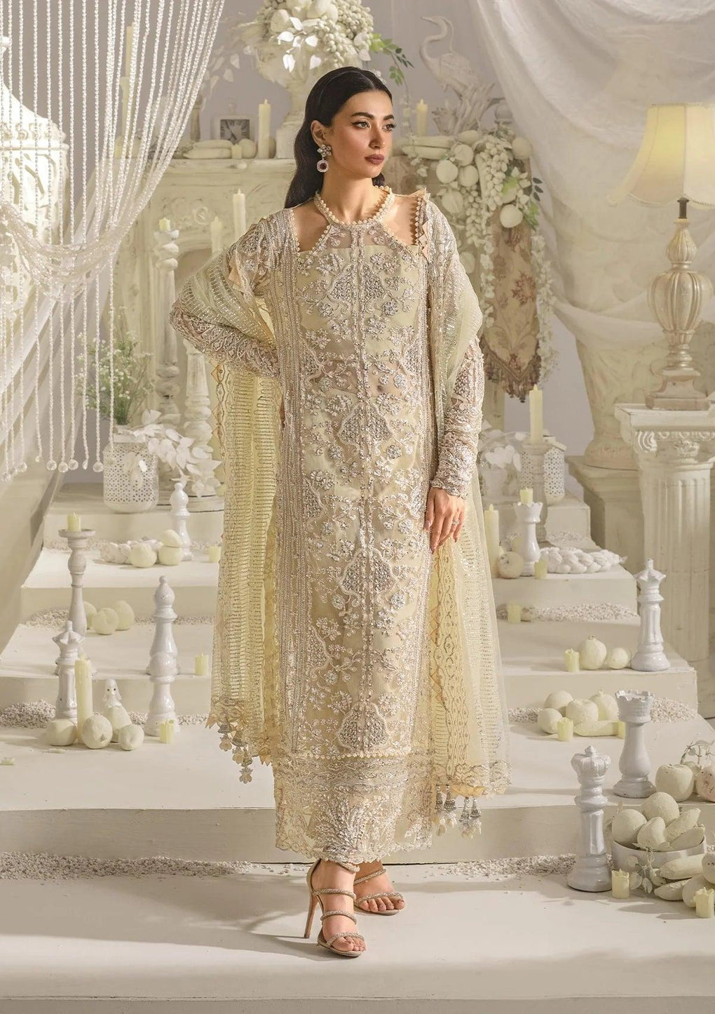 Elaf Premium | Evara Formals 24 | EFE-01 AURA - Designer Dress with Intricate embroidery and embellishments. Shop elegent wedding dress at Maria Faisal.