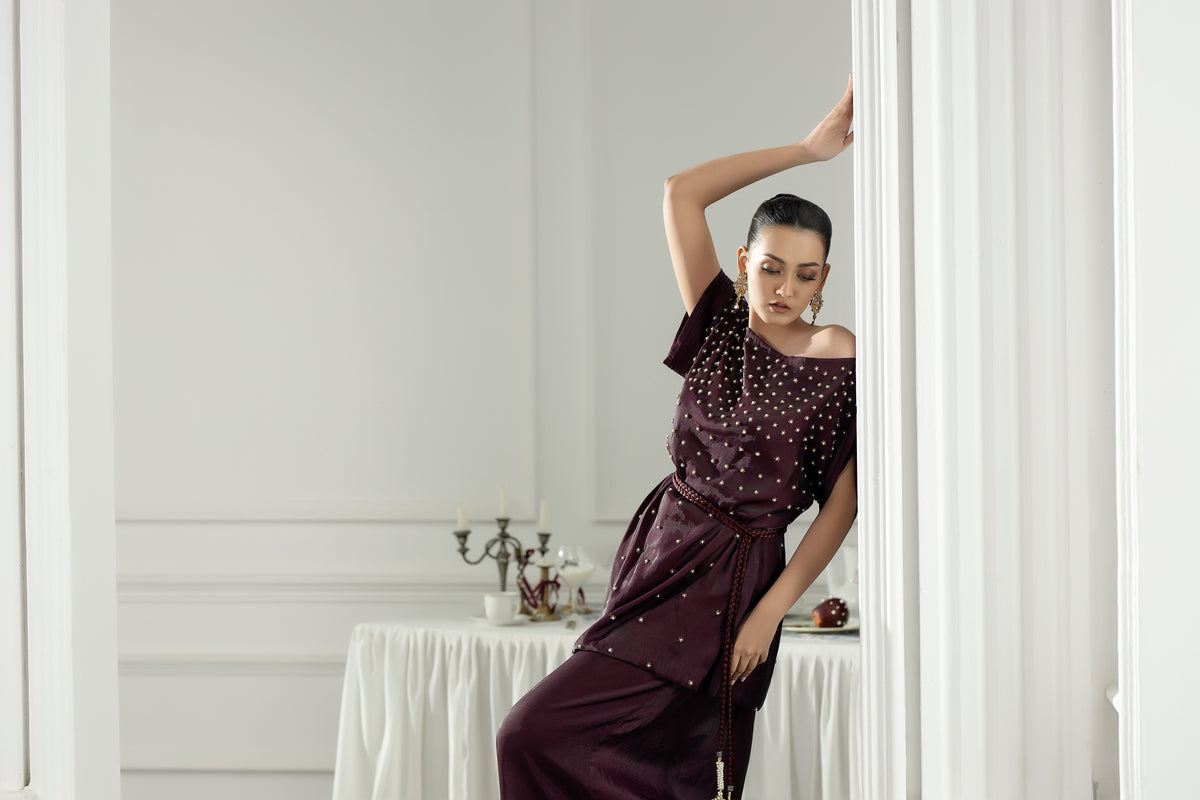 Purple Haze | Suraya Edit | Burgundy Belle - Luxury Dress - available at Maria Faisal in UK and USA.