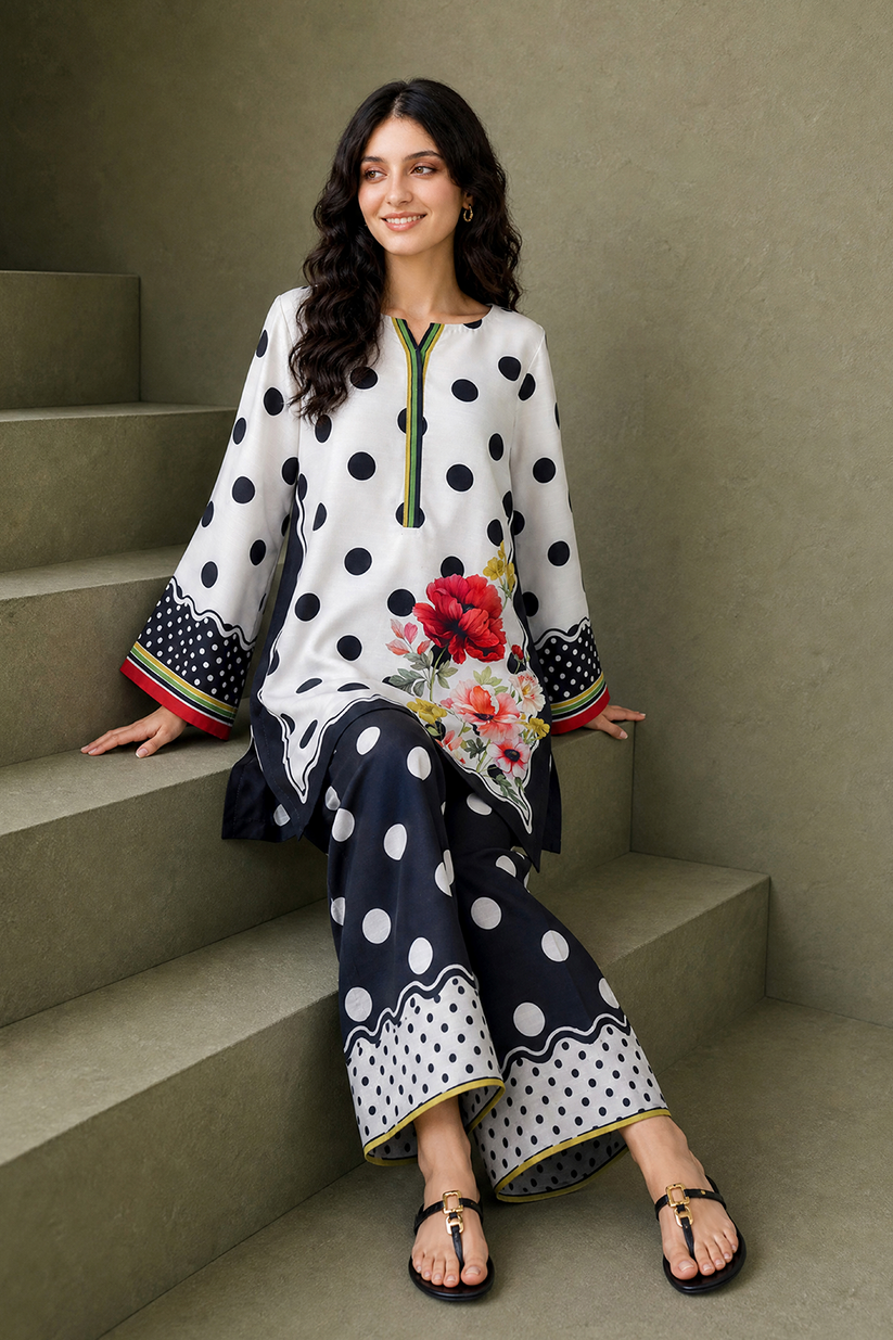 Saad Shaikh | Ease Fall Edit 26 | D-10 Co-ord Set White and Black - Casual Dress - available at Maria Faisal in UK and USA.