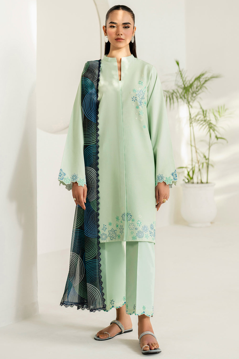 Farasha | Thread Lines Embroidered | Green Meadow - Ladies Clothes - Maria Faisal