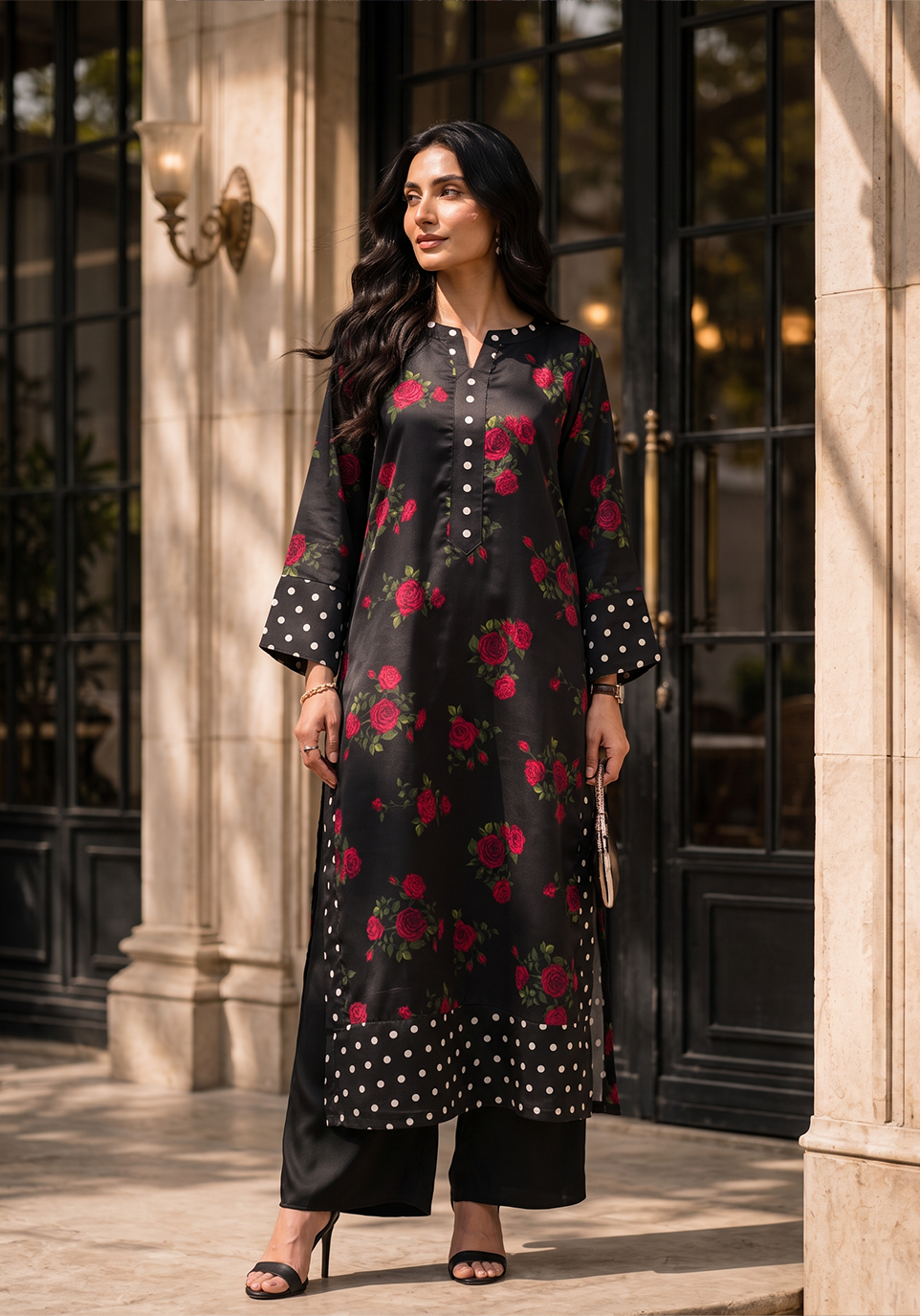 Zarqash | Silk Edit 26 | Rose Noir - Luxury Dress - available at Maria Faisal in UK and USA.