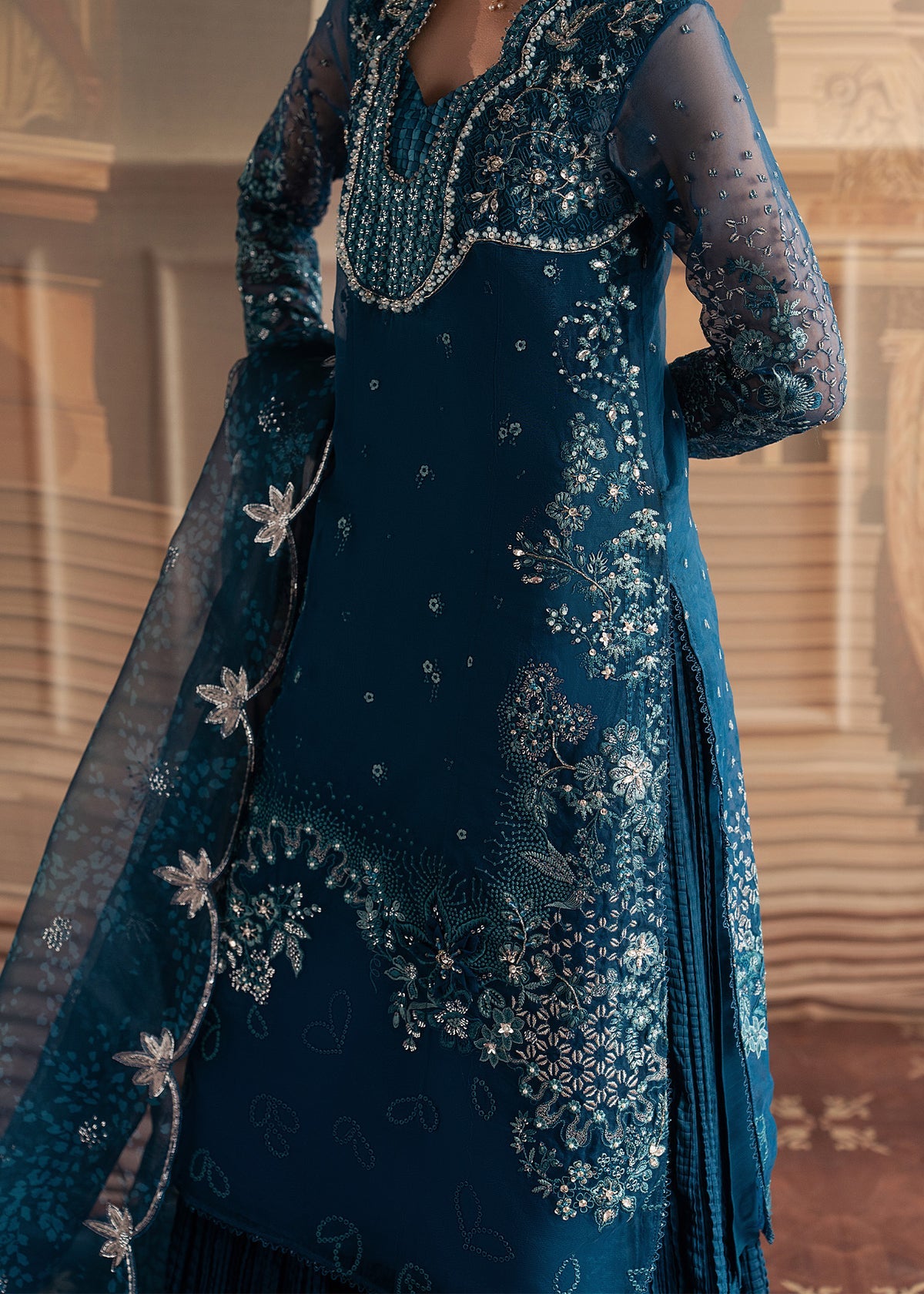 Sadaf Fawad Khan | Roya Lumiere | Marine Elan - Formal Dress - available at Maria Faisal in UK and USA.