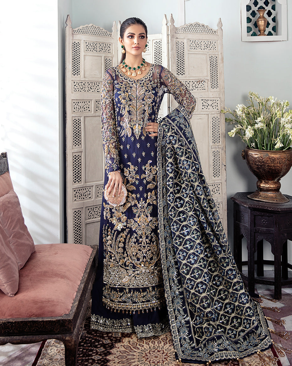 Gulaal | Wedding Formals | QAYINAAT EMBROIDERED NET 3-PIECE SUIT WS-16 - Designer Dress with Intricate embroidery and embellishments. Shop elegent wedding dress at Maria Faisal.