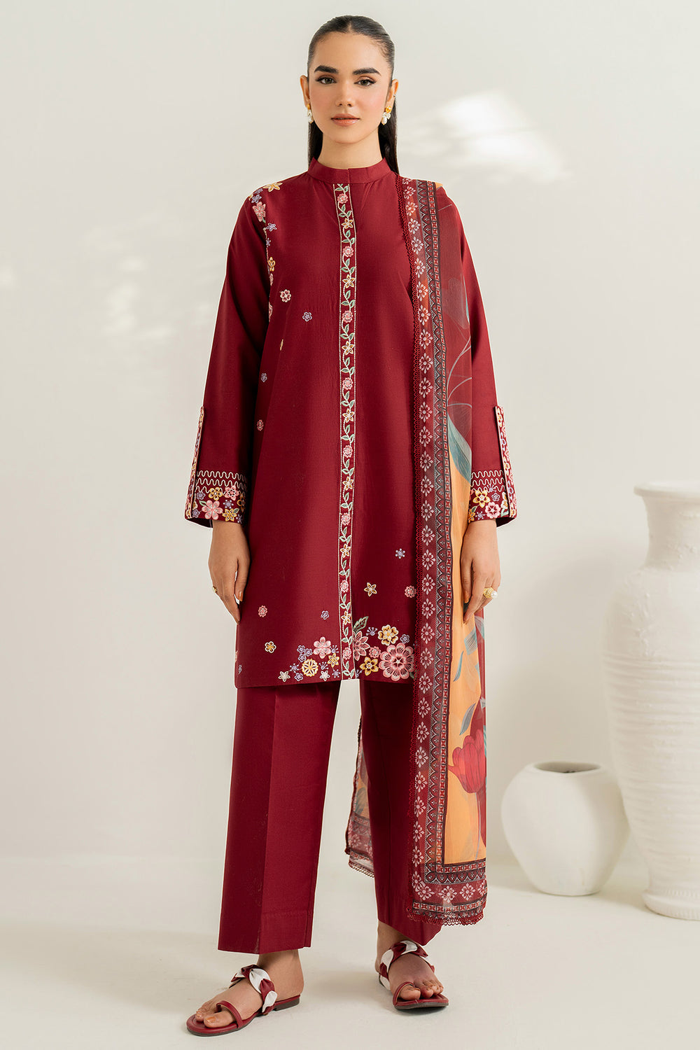 Farasha | Thread Lines Embroidered | Maroon Muse - Ladies Clothes - Maria Faisal
