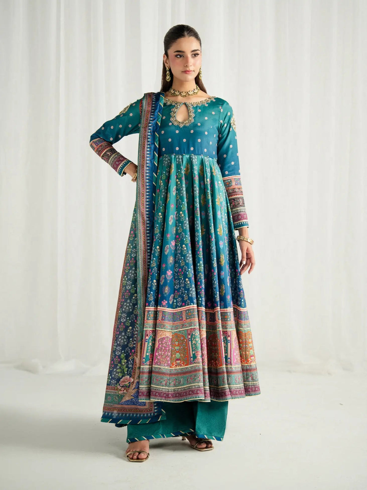 Gulaal | Aira Printed Silk | Azure - Luxury Dress - available at Maria Faisal in UK and USA.