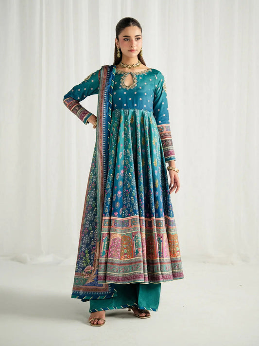 Gulaal | Aira Printed Silk | Azure - Luxury Dress - available at Maria Faisal in UK and USA.