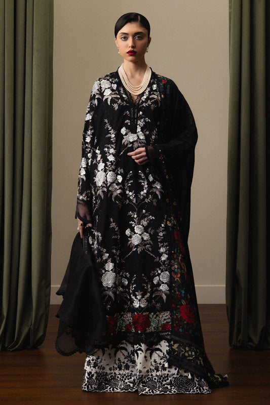  Model Wearing Black Pima Lawn Long Shirt - Zara Shahjahan | Satori 2026 | Takumi-D10 - Ladies Clothes - Maria Faisal