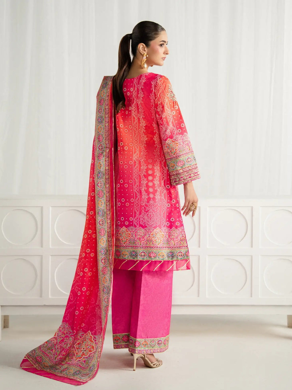 Gulaal | Aira Printed Silk | Marigold Dusk - Luxury Dress - available at Maria Faisal in UK and USA.