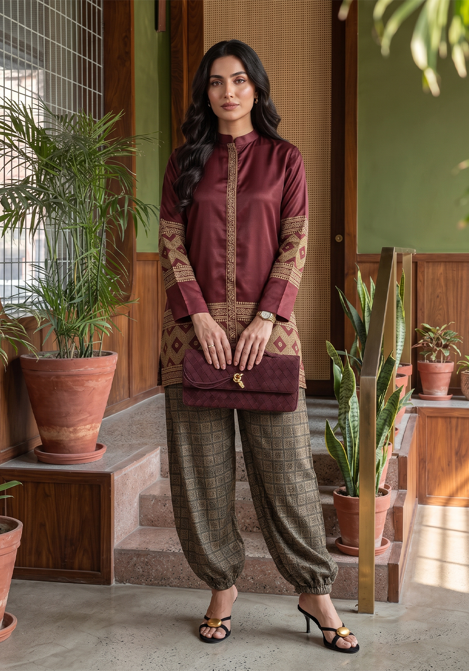 Zarqash | Silk Edit 26 | Maroon Mosaic - Luxury Dress - available at Maria Faisal in UK and USA.